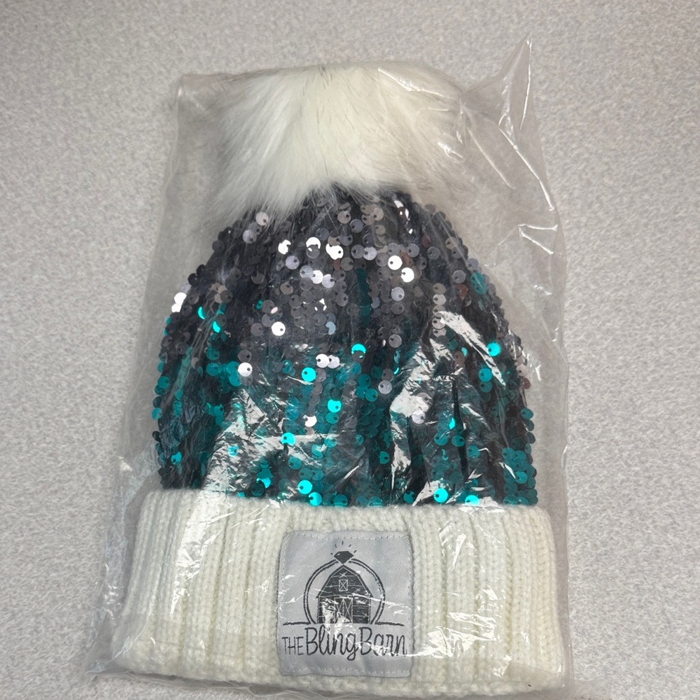 Sequin Pom-Pom Beanie - Teal and White